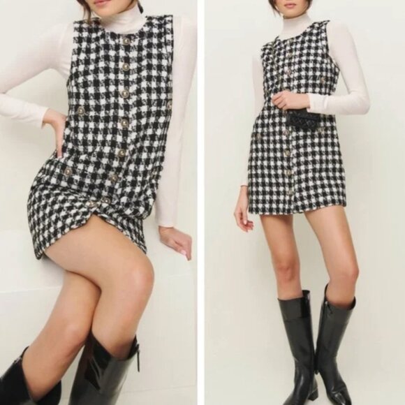 NEW Reformation Tropez Mini Dress - Black Check Tweed Holiday Party - Picture 3 of 9